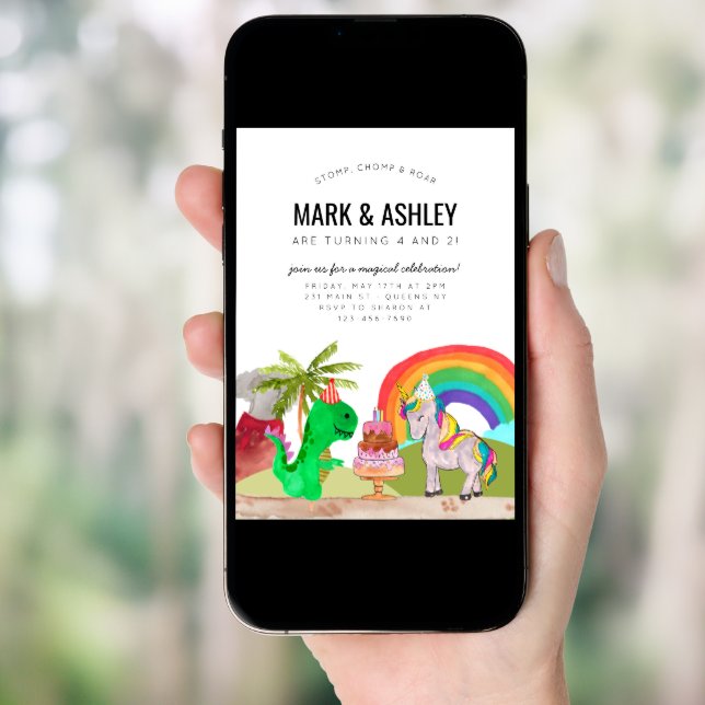 Cute Dinosaur Unicorn Cake Candle Joint Birthday Invitation (Front Digital)