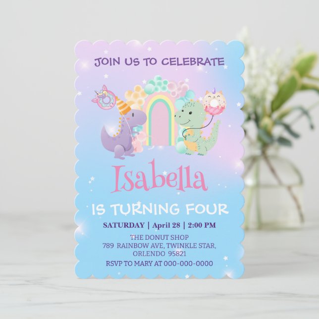 Cute Dinosaur Unicorn Donut Rainbow Birthday kids Invitation (Standing Front)
