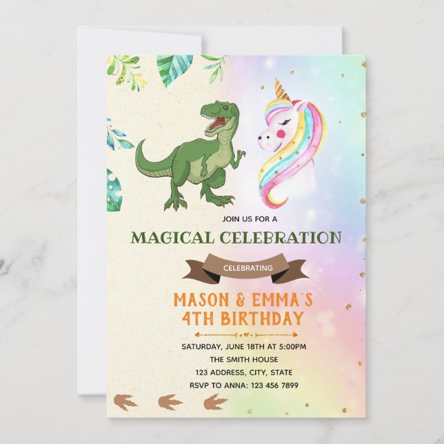 Cute dinosaur unicorn party invitation (Front)