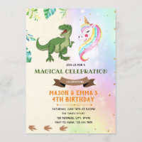 Cute dinosaur unicorn party invitation