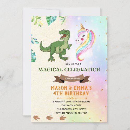 Cute dinosaur unicorn party invitation