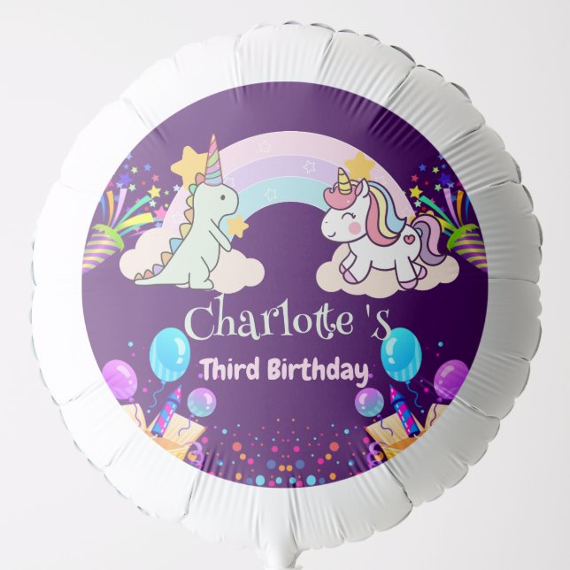 Cute Dinosaur Unicorn rainbow Balloon birthday  (Front)
