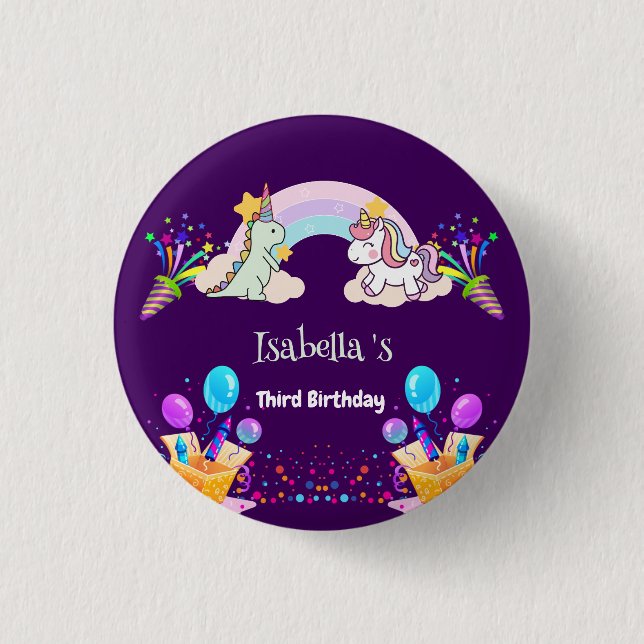 Cute Dinosaur Unicorn rainbow Balloon birthday Button (Front)