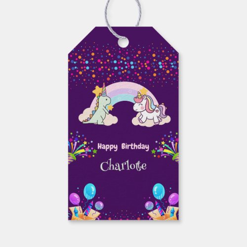 Cute Dinosaur Unicorn rainbow Balloon birthday  Gift Tags