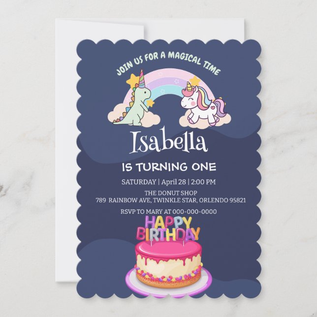 Cute Dinosaur Unicorn rainbow Balloon birthday  Invitation (Front)
