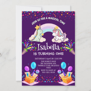 Cute Dinosaur Unicorn rainbow Balloon birthday Invitation