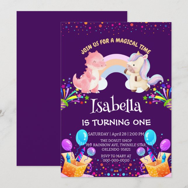 Cute Dinosaur Unicorn rainbow Balloon birthday  Invitation (Front/Back)