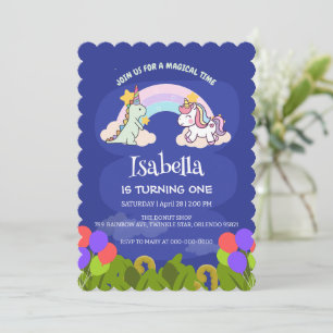 Cute Dinosaur Unicorn rainbow Balloon birthday  Invitation