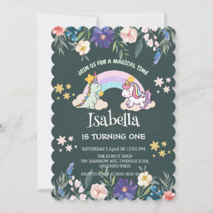 Cute Dinosaur Unicorn rainbow Balloon birthday  Invitation