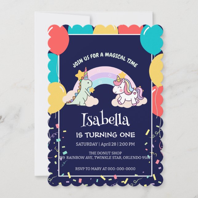 Cute Dinosaur Unicorn rainbow Balloon birthday  Invitation (Front)