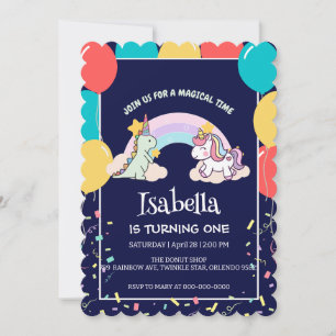 Cute Dinosaur Unicorn rainbow Balloon birthday  Invitation