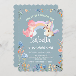 Cute Dinosaur Unicorn rainbow Balloon birthday Invitation