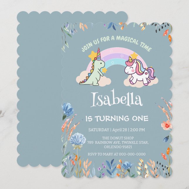 Cute Dinosaur Unicorn rainbow Balloon birthday  Invitation (Front/Back)