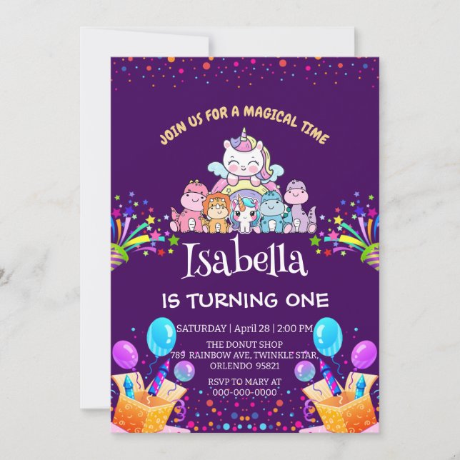 Cute Dinosaur Unicorn rainbow Balloon birthday  Invitation (Front)