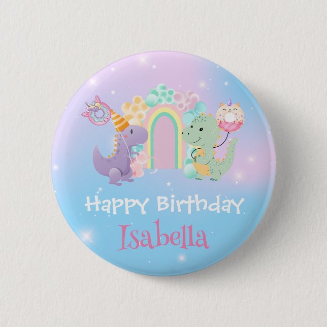 Cute Dinosaur Unicorn Rainbow balloon Birthday kid Button (Front)