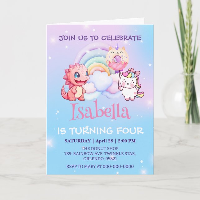 Cute Dinosaur Unicorn Rainbow balloon Birthday kid Invitation (Front)