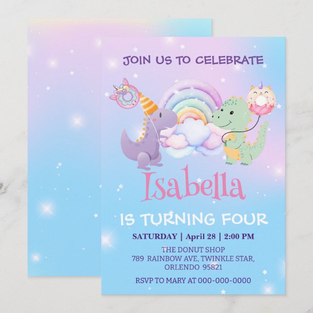 Cute Dinosaur Unicorn Rainbow balloon Birthday kid Invitation (Front/Back)