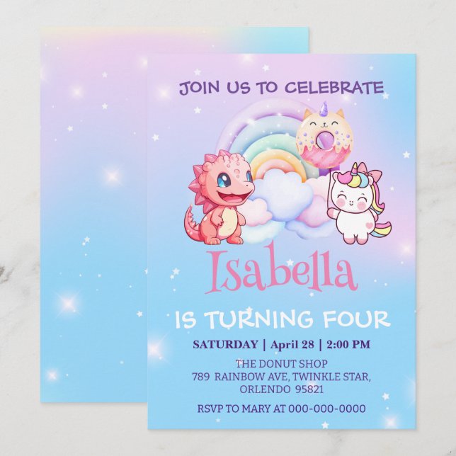 Cute Dinosaur Unicorn Rainbow balloon Birthday kid Invitation (Front/Back)