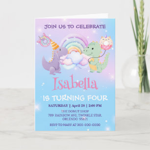 Cute Dinosaur Unicorn Rainbow balloon Birthday kid Invitation