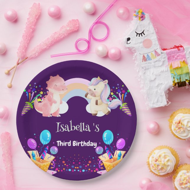 Cute Dinosaur Unicorn rainbow Balloon birthday kid Paper Plates (Party)