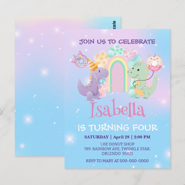 Cute Dinosaur Unicorn Rainbow balloon Birthday kid Postcard (Front/Back)
