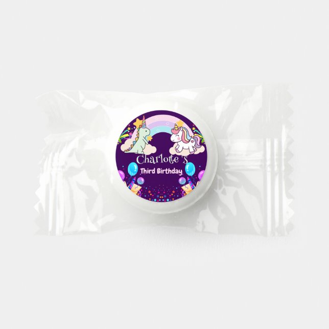 Cute Dinosaur Unicorn rainbow Balloon birthday  Life Saver® Mints (Front)