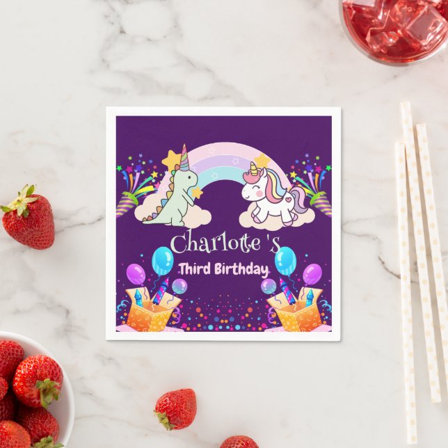 Cute Dinosaur Unicorn rainbow Balloon birthday  Napkins (Insitu)