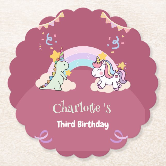 Cute Dinosaur Unicorn rainbow Balloon birthday  Paper Coaster (Front)