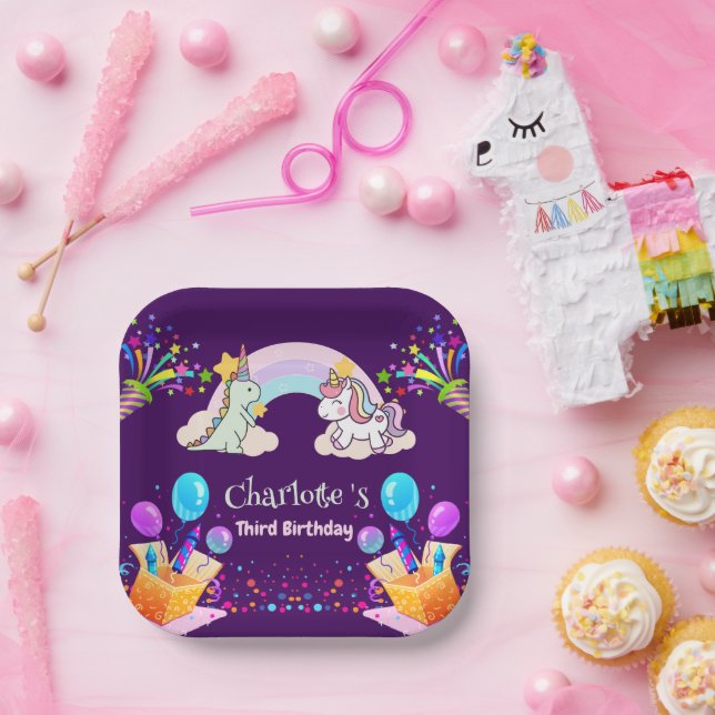 Cute Dinosaur Unicorn rainbow Balloon birthday  Paper Plates (Party)
