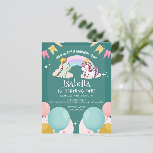 Cute Dinosaur Unicorn rainbow Balloon birthday  Postcard (Standing Front)