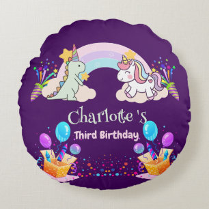 Cute Dinosaur Unicorn rainbow Balloon birthday Round Pillow