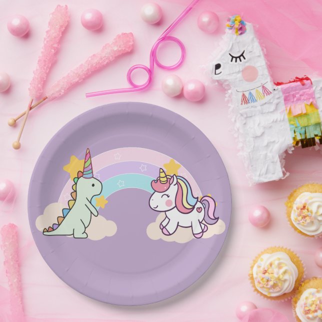 Cute Dinosaur Unicorn rainbow birthday party Paper Plates (Party)
