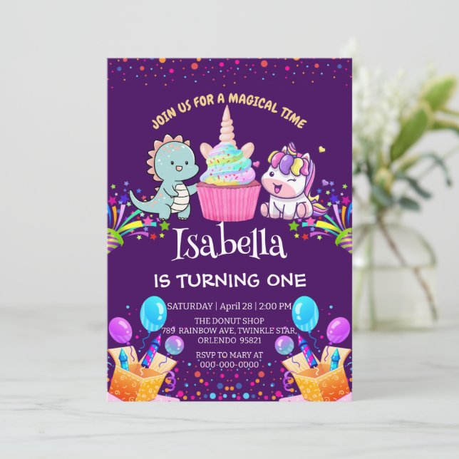 Cute Dinosaur Unicorn rainbow cupcake birthday kid Invitation (Standing Front)