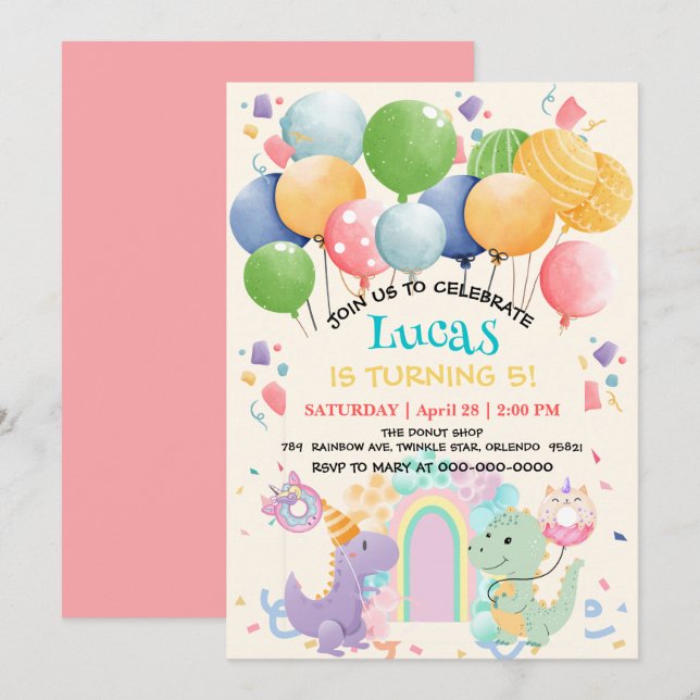 Cute Dinosaur Unicorn Rainbow donut balloon patter Invitation (Front/Back)