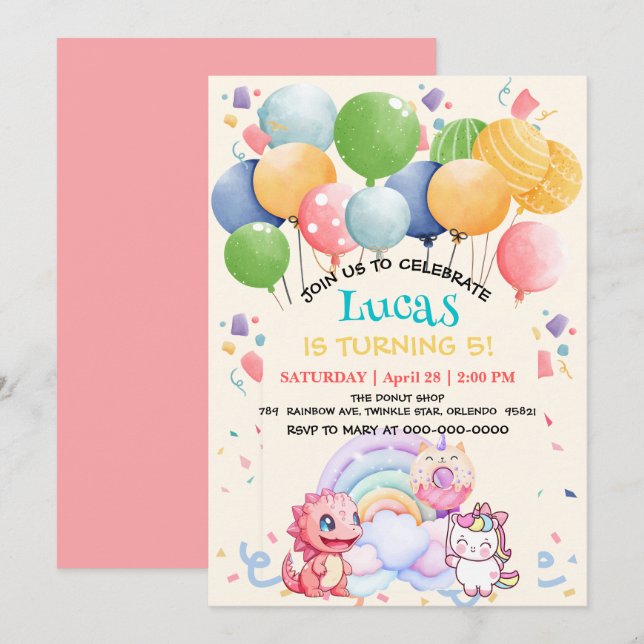 Cute Dinosaur Unicorn Rainbow donut balloon patter Invitation (Front/Back)