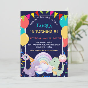 Cute Dinosaur Unicorn Rainbow donut balloon patter Invitation