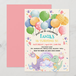 Cute Dinosaur Unicorn Rainbow donut balloon patter Invitation