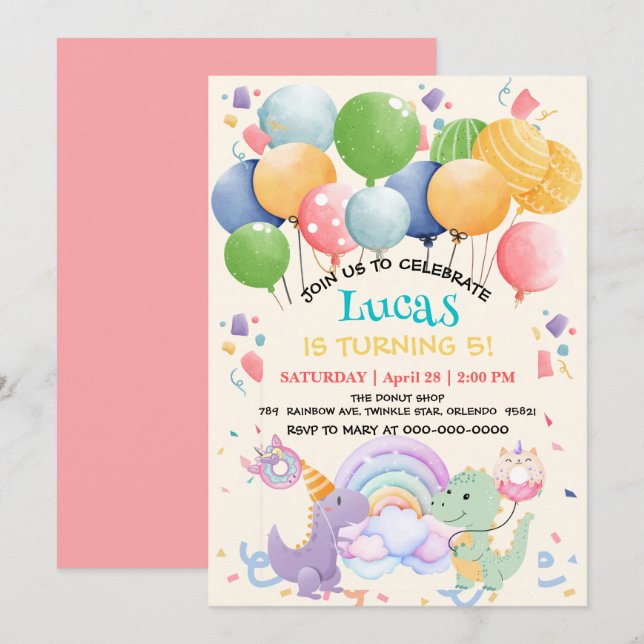 Cute Dinosaur Unicorn Rainbow donut balloon patter Invitation (Front/Back)