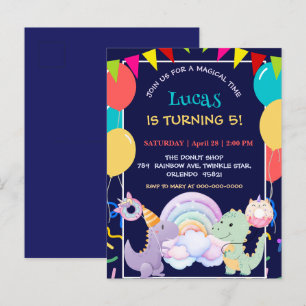 Cute Dinosaur Unicorn Rainbow donut balloon patter Invitation Postcard