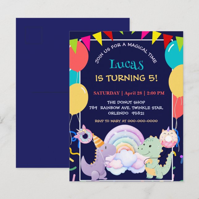 Cute Dinosaur Unicorn Rainbow donut balloon patter Invitation Postcard (Front/Back)