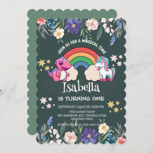 Cute Dinosaur Unicorn rainbow Floral birthday kids Invitation