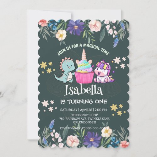 Cute Dinosaur Unicorn rainbow Floral birthday kids Invitation