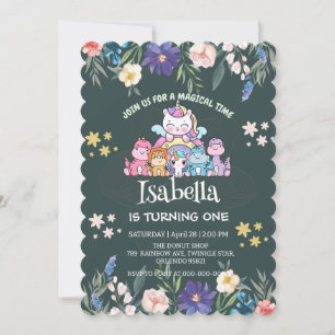 Cute Dinosaur Unicorn rainbow Floral birthday kids Invitation