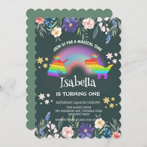 Cute Dinosaur Unicorn rainbow Floral birthday kids Invitation