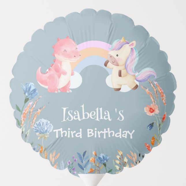 Cute Dinosaur Unicorn rainbow Flower birthday girl Balloon (Back)