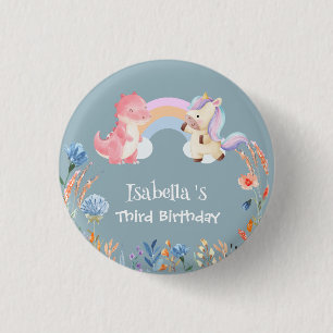 Cute Dinosaur Unicorn rainbow Flower birthday girl Button