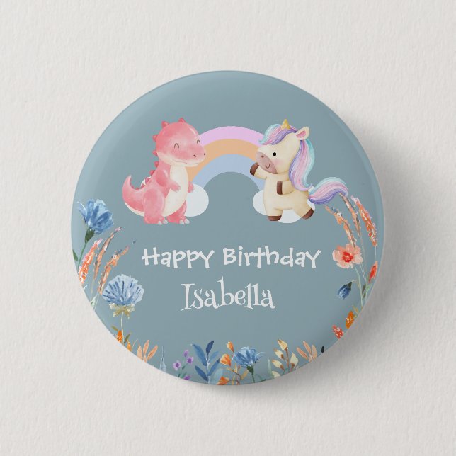 Cute Dinosaur Unicorn rainbow Flower birthday girl Button (Front)