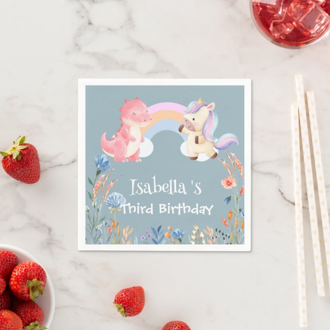 Cute Dinosaur Unicorn rainbow Flower birthday girl Napkins (Insitu)