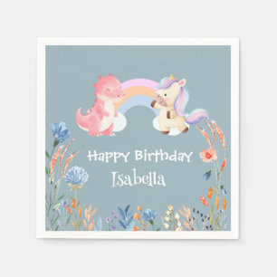 Cute Dinosaur Unicorn rainbow Flower birthday girl Napkins