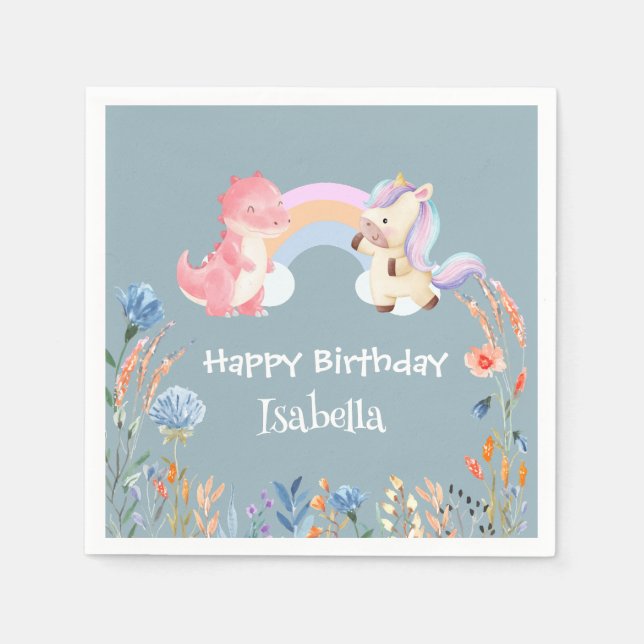 Cute Dinosaur Unicorn rainbow Flower birthday girl Napkins (Front)